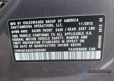 2013 Volkswagen Passat 2.0L Tdi Sel Premium from USA, damaged, VIN 1VWCN7A3XDC063060